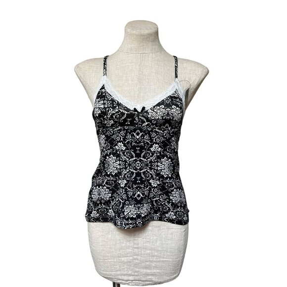 Badgley Mischka NWT Victoria Floral Babydoll Style Cami Black White Print Lace - Picture 1 of 8